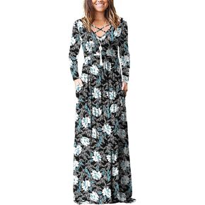 LILBETTER Women's Long Sleeve Loose Plain Maxi Dresses Casual Long Dresses with Pockets in Kuwait