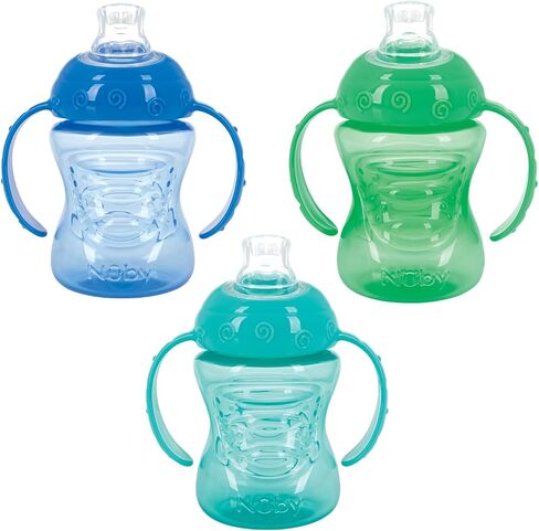 Nuby 3-Pack Two-Handle No-Spill Soft Spout Grip N' Sip Cup- First Cup, 8oz, 3 PK - Aqua, Blue, Green in Saudi Arabia