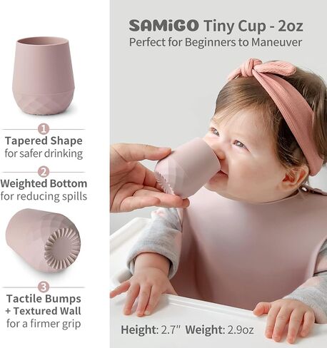 SAMiGO Silicone Baby Open Cup 6-12 Months, Infant First Water Cup, 2 oz | 2 Pack Tiny Training Cup, Baby Toddler Independent Drinking, Weighted Bottom, Baby Led Weaning Supplies, Feeding Essentials in Saudi Arabia