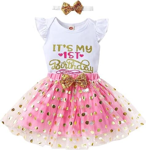Baby Girls 1st First Birthday Outfits Cotton Romper TuTu Skirt Set with Sequins Bowknot Headband 3Pcs in Saudi Arabia