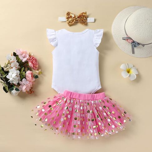 Baby Girls 1st First Birthday Outfits Cotton Romper TuTu Skirt Set with Sequins Bowknot Headband 3Pcs in Saudi Arabia