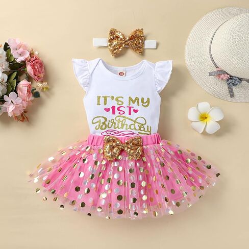 Baby Girls 1st First Birthday Outfits Cotton Romper TuTu Skirt Set with Sequins Bowknot Headband 3Pcs in Saudi Arabia