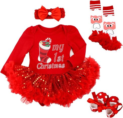 Kunyeah Baby Girls First Christmas Outfit Newborn Romper Tutu Dress Infant Sequin Xmas Skirt with Shoes Headband Leg Warmer in Saudi Arabia
