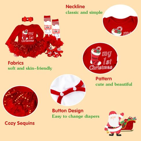 Kunyeah Baby Girls First Christmas Outfit Newborn Romper Tutu Dress Infant Sequin Xmas Skirt with Shoes Headband Leg Warmer in Saudi Arabia
