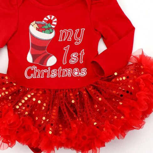 Kunyeah Baby Girls First Christmas Outfit Newborn Romper Tutu Dress Infant Sequin Xmas Skirt with Shoes Headband Leg Warmer in Saudi Arabia