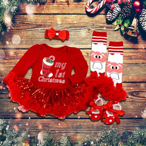 Kunyeah Baby Girls First Christmas Outfit Newborn Romper Tutu Dress Infant Sequin Xmas Skirt with Shoes Headband Leg Warmer in Saudi Arabia