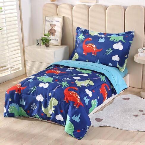Wowelife Toddler Bedding Sets for Boys, Premium 4 Piece Dinosaur Toddler Comforter Set, Blue Bed-in-a-Bag, Super Soft and Comfortable for Toddler in Saudi Arabia