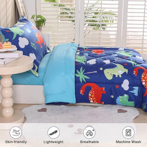 Wowelife Toddler Bedding Sets for Boys, Premium 4 Piece Dinosaur Toddler Comforter Set, Blue Bed-in-a-Bag, Super Soft and Comfortable for Toddler in Saudi Arabia