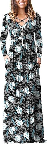 LILBETTER Women's Long Sleeve Loose Plain Maxi Dresses Casual Long Dresses with Pockets in Kuwait
