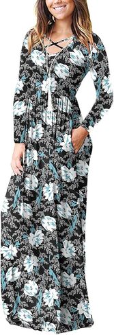 LILBETTER Women's Long Sleeve Loose Plain Maxi Dresses Casual Long Dresses with Pockets in Kuwait
