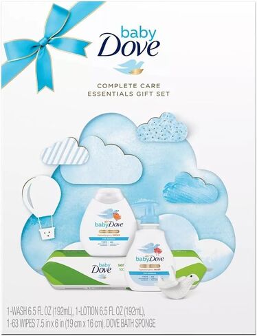 مجموعة هدايا أساسيات العناية الكاملة من بيبي دوف - مجموعة هدايا للأطفال مع غسول جسم دوف للأطفال، ولوشن دوف للأطفال، وحزمة من مناديل دوف المبللة للأطفال، وإسفنجة استحمام للأطفال على شكل حمامة (مجموعة من 4 قطع) in Kuwait
