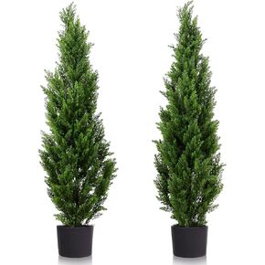 Two 4 Foot Outdoor Artificial Cedar Topiary Trees Uv Rated Potted Plants