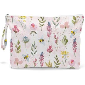 Makeup Bag, Toiletry Bag, Waterproof Large Capacity Travel Cosmetic Bag, Zipper Pouch for Women, Girls, Mom, Wife, Sister, Friends, Wet Bag, Baby Diaper Bag, Bee Wildflower Sunflower Decor
