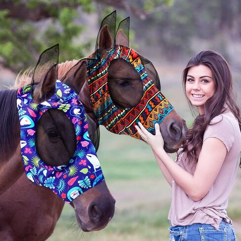 Weewooday 2 Pieces Horse Fly Masks for Horses Soft Fly Masks for Ears Smooth and Elasticity Mask with UV Protection(Tie-dye Pattern,M) in Kuwait