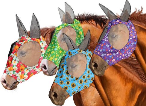 4 Pieces Horse Fly Mask with Ears Horse Face Covering Supplies Smooth and Comfortable Elasticity Fly Mask with UV Protection for Horses (Medium Flower Pattern) in Kuwait