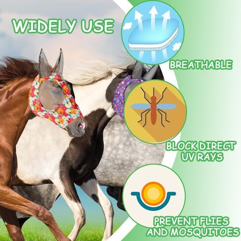 4 Pieces Horse Fly Mask with Ears Horse Face Covering Supplies Smooth and Comfortable Elasticity Fly Mask with UV Protection for Horses (Medium Flower Pattern) in Kuwait