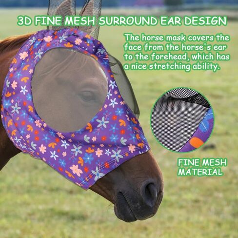4 Pieces Horse Fly Mask with Ears Horse Face Covering Supplies Smooth and Comfortable Elasticity Fly Mask with UV Protection for Horses (Medium Flower Pattern) in Kuwait