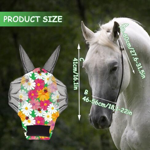 4 Pieces Horse Fly Mask with Ears Horse Face Covering Supplies Smooth and Comfortable Elasticity Fly Mask with UV Protection for Horses (Medium Flower Pattern) in Kuwait