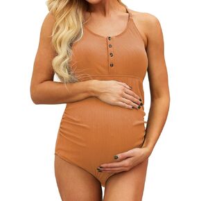 Diukia Women's One Piece Maternity Swimsuit Ribbed Button Front Spaghetti Strap Ruched Swimwear Bathing Suit