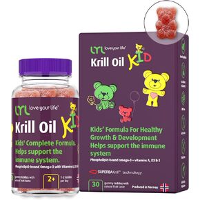 LYL Krill Oil Kid Gummy Bears with Vitamin D 3, Vitamin E and Vitamin A - phospholipid-Bound Omega 3 for Healthy Growth & Development - Gummy Bears with Orange, Apple & Raspberries Taste (Pack of 60) in Saudi Arabia