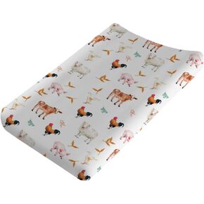 Watercolor Farm Animals Changing Pad Cover Barn Cow Lamb Pig Hen Duck Tractor Baby Diaper Changing Table Sheets for Boys Girls Soft Stretch Fitted Baby Changing Table Mats Covers 32''x16''