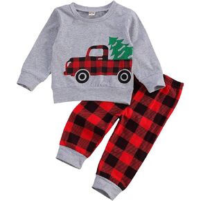 Arvbitana Toddler Baby Boy Girl Long Sleeve Cotton Plaid Pullover Sweatshirt+Trousers Two Piece Outfits Fall Winter Clothes