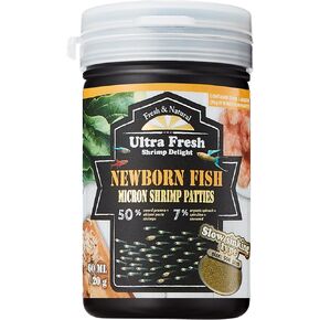 Ultra Fresh Baby Fish Food, 50% Sword Prawns Shrimps, Slow Sinking, Substitute for Baby Brine Shrimp, for Fry's Health and Cleaner Water, New Born Fish Micron Shrimp Patties 0.7oz
