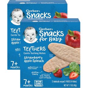 Gerber Snacks for Baby Teethers, Strawberry Apple Spinach, Gentle Teething Wafers, Non-GMO Ingredients, 12 Individually Wrapped 2-Packs/Box (Pack of 2 Boxes) in Kuwait