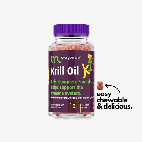 LYL Krill Oil Kid Gummy Bears مع فيتامين D 3 وفيتامين E وفيتامين A - أوميغا 3 المرتبطة بالفوسفوليبيد للنمو والتطور الصحي - الدببة الصمغية مع طعم البرتقال والتفاح والتوت (عبوة من 60 قطعة) in Saudi Arabia