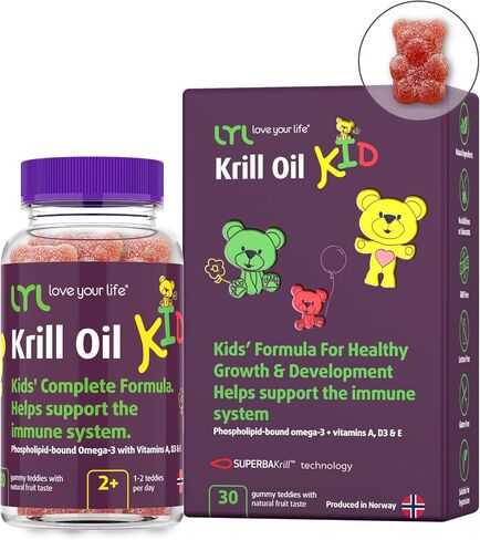 LYL Krill Oil Kid Gummy Bears مع فيتامين D 3 وفيتامين E وفيتامين A - أوميغا 3 المرتبطة بالفوسفوليبيد للنمو والتطور الصحي - الدببة الصمغية مع طعم البرتقال والتفاح والتوت (عبوة من 60 قطعة) in Saudi Arabia