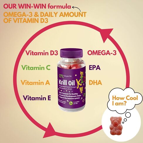 LYL Krill Oil Kid Gummy Bears مع فيتامين D 3 وفيتامين E وفيتامين A - أوميغا 3 المرتبطة بالفوسفوليبيد للنمو والتطور الصحي - الدببة الصمغية مع طعم البرتقال والتفاح والتوت (عبوة من 60 قطعة) in Saudi Arabia