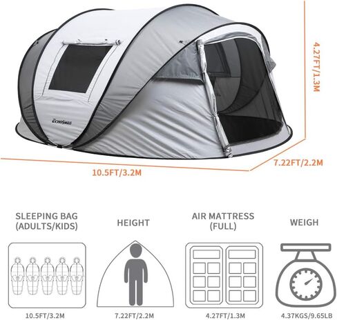 EchoSmile Instant Pop Up Camping Tent, 2/4/6 Person Easy Setup Tent | Water Resistant Dome·Portable with Carry Bag·Fiberglass Frame·Picnic·Camping·Hiking·Fishing in Kuwait