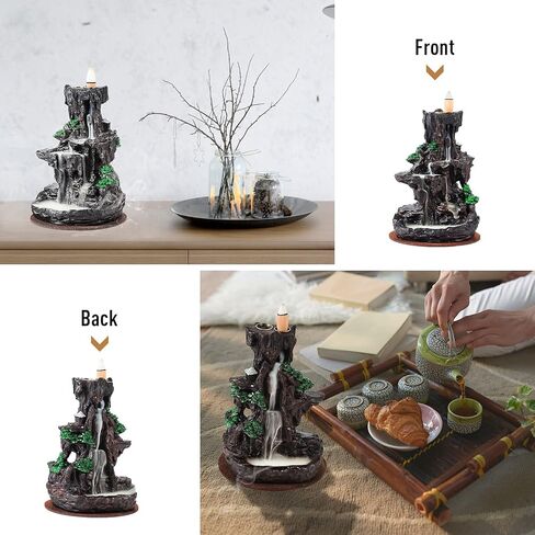 رونلاب مبخرة على شكل شلال جبلي مزدوج الجوانب، حامل بخور بتدفق عكسي من الراتنج، نافورة رائعة للعلاج العطري مع 120 مخروط بخور مطور + 30 عود بخور in Kuwait