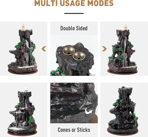 رونلاب مبخرة على شكل شلال جبلي مزدوج الجوانب، حامل بخور بتدفق عكسي من الراتنج، نافورة رائعة للعلاج العطري مع 120 مخروط بخور مطور + 30 عود بخور in Kuwait