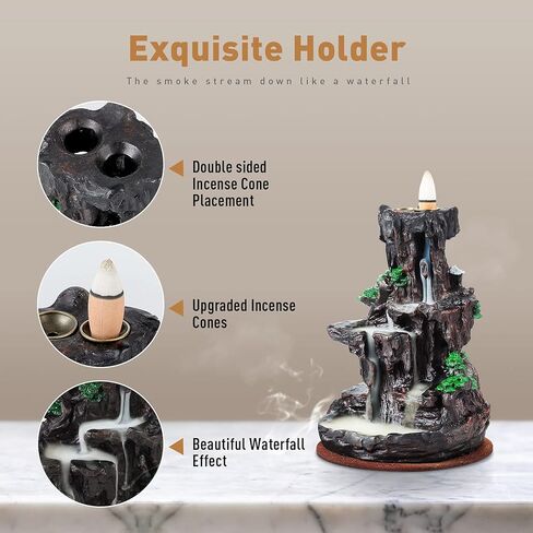 رونلاب مبخرة على شكل شلال جبلي مزدوج الجوانب، حامل بخور بتدفق عكسي من الراتنج، نافورة رائعة للعلاج العطري مع 120 مخروط بخور مطور + 30 عود بخور in Kuwait