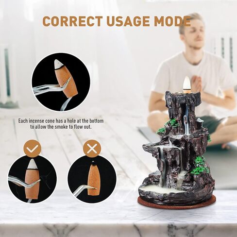 رونلاب مبخرة على شكل شلال جبلي مزدوج الجوانب، حامل بخور بتدفق عكسي من الراتنج، نافورة رائعة للعلاج العطري مع 120 مخروط بخور مطور + 30 عود بخور in Kuwait