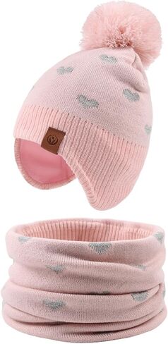 JANGANNSA Knitted Baby Hat Scarf Set Winter Warm Boys Girls Beanie Fleece Lining Toddler Kids Hats with Pompom in Saudi Arabia