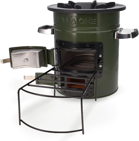GasOne Premium Wood Burning Rocket Stove Camping for Backpacking, Hiking, RV and Survival - Insulated Barrel Stove Kit with Silicone Handles – Military Green in Kuwait