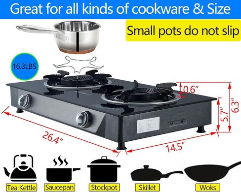 Horynar Propane Stove 2 Burner Propane Gas Stove Auto Ignition Portable Gas Stove 26000 BTU Tempered Glass Camping Stove Propane LPG with CSA Hose Propane Burners for Outdoor Cooking,Emergency in Kuwait