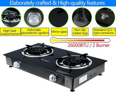 Horynar Propane Stove 2 Burner Propane Gas Stove Auto Ignition Portable Gas Stove 26000 BTU Tempered Glass Camping Stove Propane LPG with CSA Hose Propane Burners for Outdoor Cooking,Emergency in Kuwait
