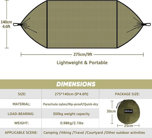 Chihee Ultra-Light Travel Camping Hammock Pop-up Net Hammock 660lbs Load Capacity,Breathable,Quick-Drying Parachute Nylon 2 Premium Carabiners,2 Tree Slings Included for Outdoor Backpacking Hiking in Kuwait