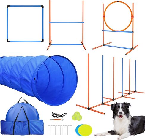 مجموعة الفناء الخلفي لدورة خفة الحركة للكلاب، معدات تدريب خفة الحركة للكلاب في الداخل والخارج، مجموعة أدوات تدريب الكلاب على العوائق - نفق الكلب، حواجز قابلة للتعديل، حلقة القفز، أعمدة النسيج، صندوق الإيقاف المؤقت، ألعاب الكلاب، وحقيبة التخزين in Kuwait