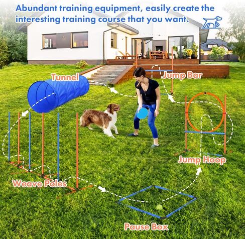 مجموعة الفناء الخلفي لدورة خفة الحركة للكلاب، معدات تدريب خفة الحركة للكلاب في الداخل والخارج، مجموعة أدوات تدريب الكلاب على العوائق - نفق الكلب، حواجز قابلة للتعديل، حلقة القفز، أعمدة النسيج، صندوق الإيقاف المؤقت، ألعاب الكلاب، وحقيبة التخزين in Kuwait