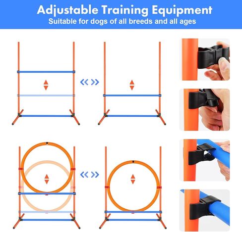 مجموعة الفناء الخلفي لدورة خفة الحركة للكلاب، معدات تدريب خفة الحركة للكلاب في الداخل والخارج، مجموعة أدوات تدريب الكلاب على العوائق - نفق الكلب، حواجز قابلة للتعديل، حلقة القفز، أعمدة النسيج، صندوق الإيقاف المؤقت، ألعاب الكلاب، وحقيبة التخزين in Kuwait