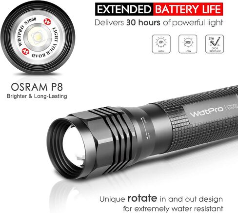 مصباح يدوي LED عالي الطاقة S3000 من WdtPro، مصابيح يدوية فائقة السطوع - لومن عالي، مقاومة للماء IP67، 3 أوضاع وقابلة للتكبير للتخييم والطوارئ والمشي لمسافات طويلة والهدايا in Kuwait