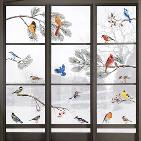 Yovkky الشتاء الطيور شجرة الصنوبر فرع نافذة يتمسك 9 ورقة، الكاردينال Bullfinch Chickadee روبن الزجاج ملصق مائي الثلج الأحمر التوت ديكور المنزل المطبخ مكتب الثلاجة الديكور طفل DIY إمدادات مزدوجة من جانب