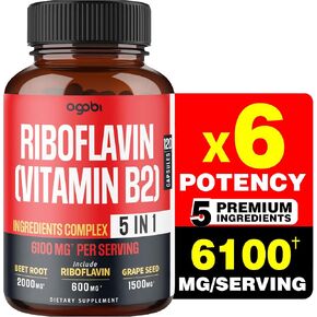 أغوبي 5 في 1 ريبوفلافين فيتامين ب2-6100 ملغ للشعر والبشرة وصحة الأظافر وإنتاج الطاقة والمناعة - بالإضافة إلى جذر البنجر وبذور العنب ومصباح الثوم والأشواغاندا - 120 كبسولة لمدة شهرين in Kuwait