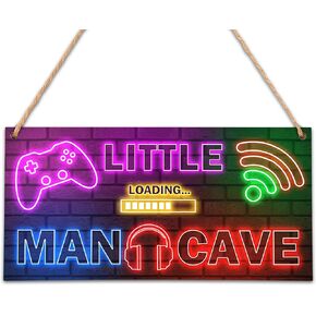 Little Man Cave, Neon Gaming Wooden Door Sign for Little Gamer Boy Room Decor, Bedroom Nursery Playroom Hanging Decorations (5"x10") - A01