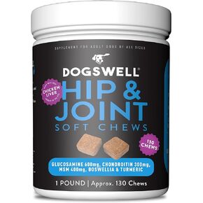 DOGSWELL Hip and Joint Supplement for Dogs - Soft Chews with Glucosamine, Chondroitin, MSM, Boswellia & Turmeric, 1 Pound in Kuwait