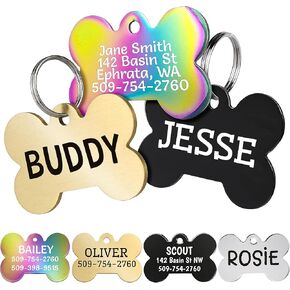 علامات تعريف الكلاب GoTags، علامات تعريف مخصصة للكلاب والقطط منقوشة للحيوانات الأليفة، منقوشة خصيصًا على كلا الجانبين، فولاذ مقاوم للصدأ، فولاذ قوس قزح، فولاذ أسود أو نحاس صلب، علامات تعريف للكلاب على شكل عظمة (حزمة من 1) in Kuwait